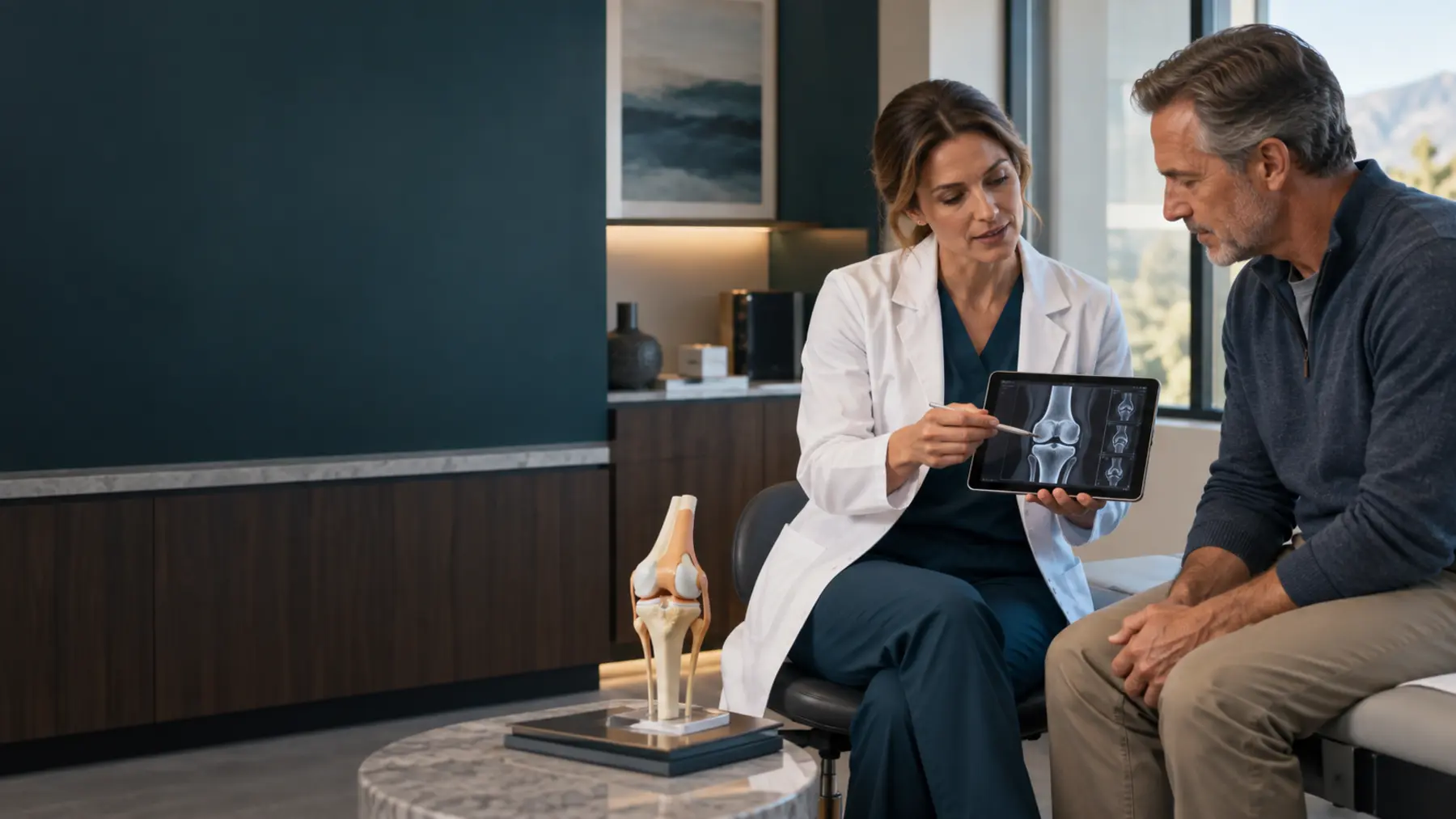 Illustrative consultation scene with a clinician explaining knee anatomy